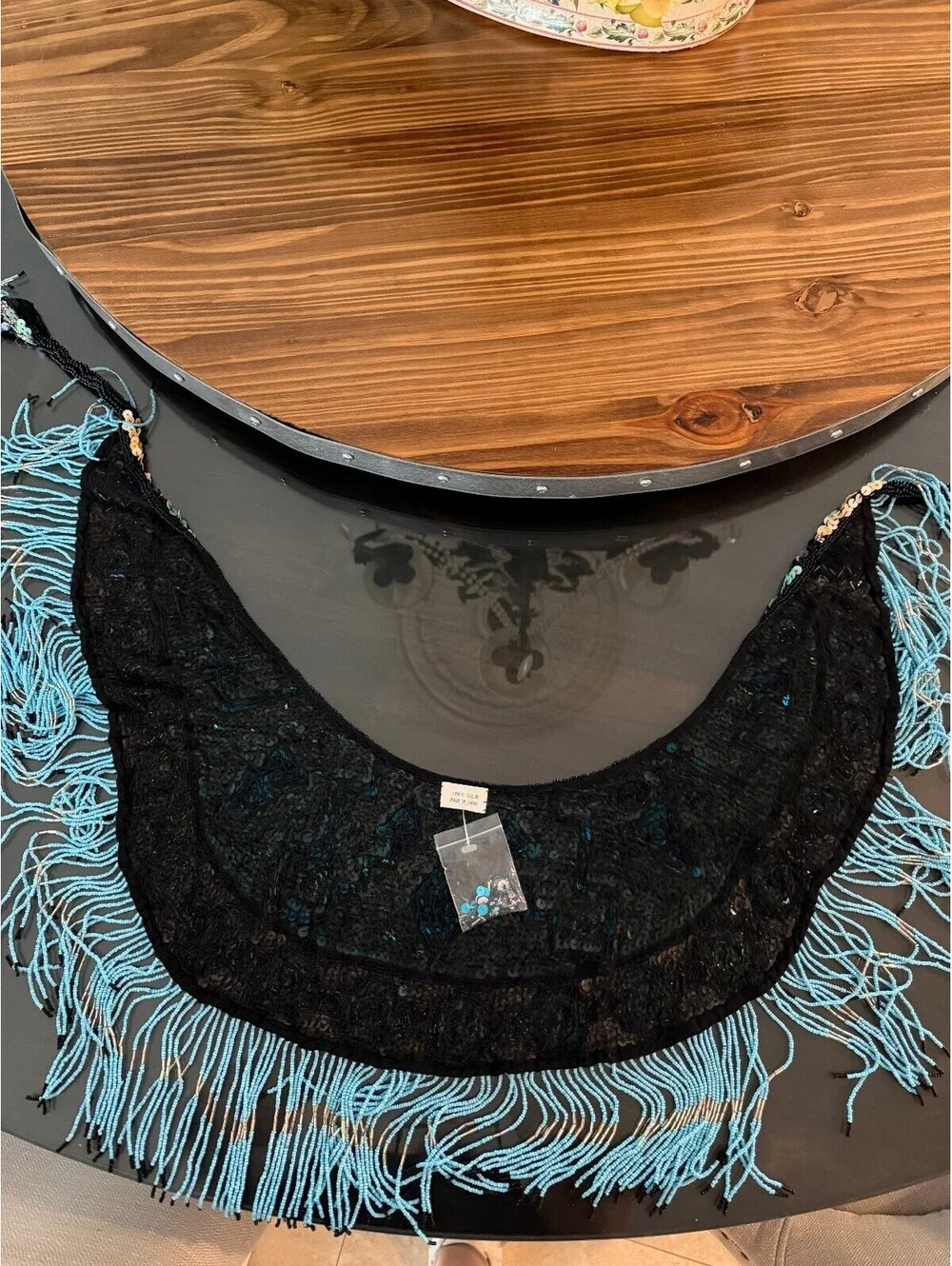Vintage Silk Beaded & Sequin Fringe Collar Capelet Shawl Scarf Turquoise Deco